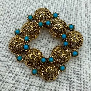 Vintage Stylish early 1950  Gold and Turquoise Brooch
